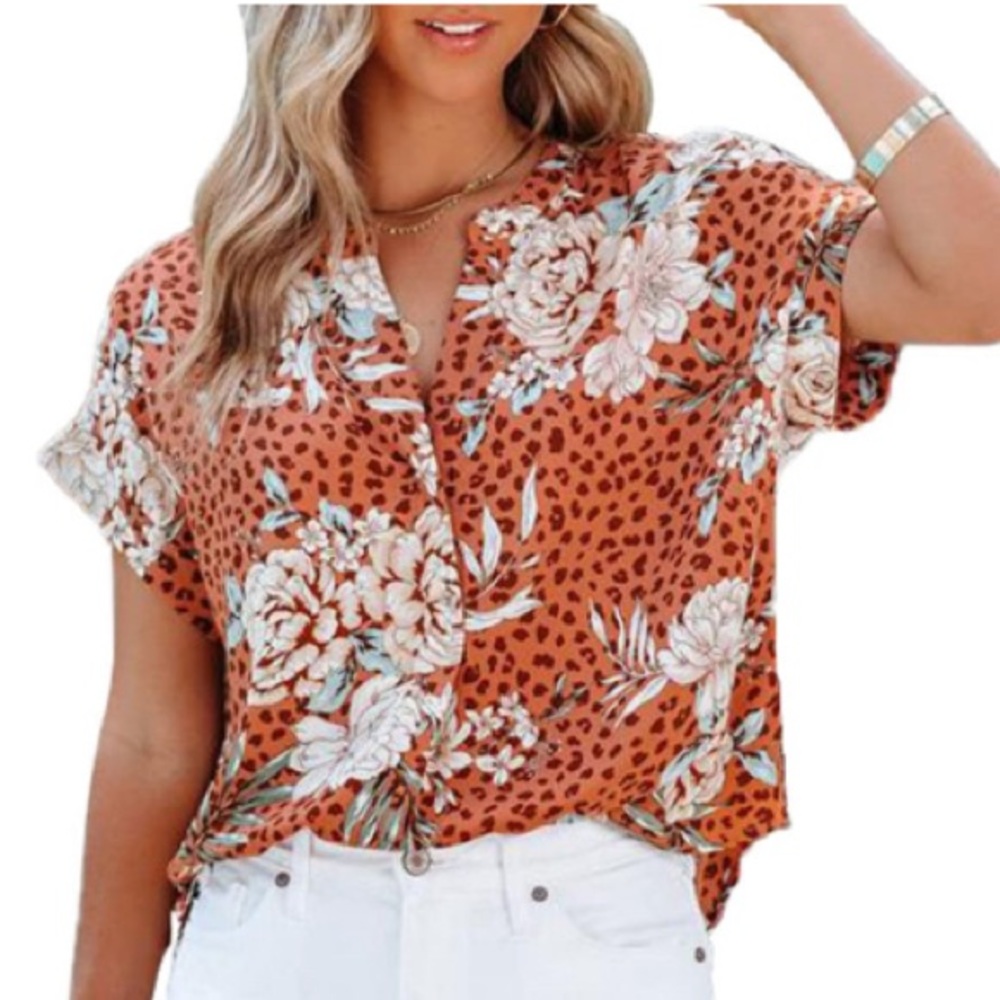 -NWOT Women’s Chiffon Blouse Casual Short Sleeve V Neck Shirt - Size: Large